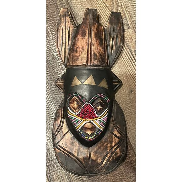 VTG Ghana Mask Pier 1 Imports Hand Carved Wood Ceremonial Africa Beads Tribal - Picture 2 of 4